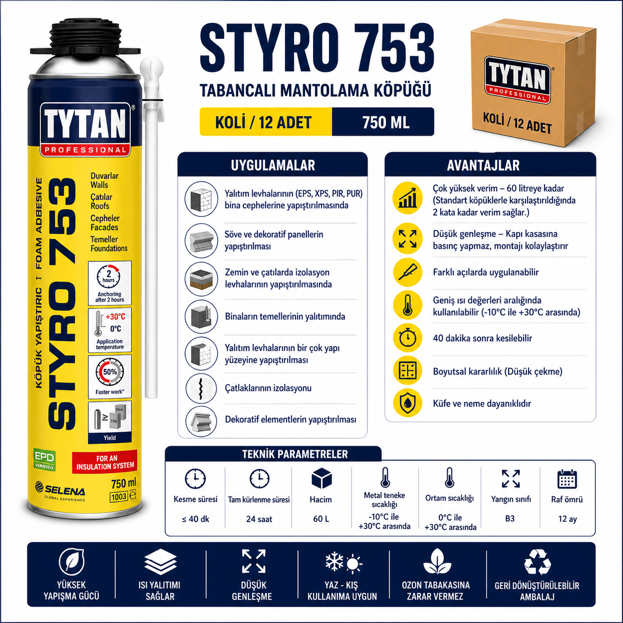Styro 753 Tabancalı Mantolama Köpüğü 750 ml | EPS XPS YapıştırıcıTytanTytan Styro 753 Tabancalı Mantolama Köpüğü 880 GR--(12 Adet)STY753-PU-750