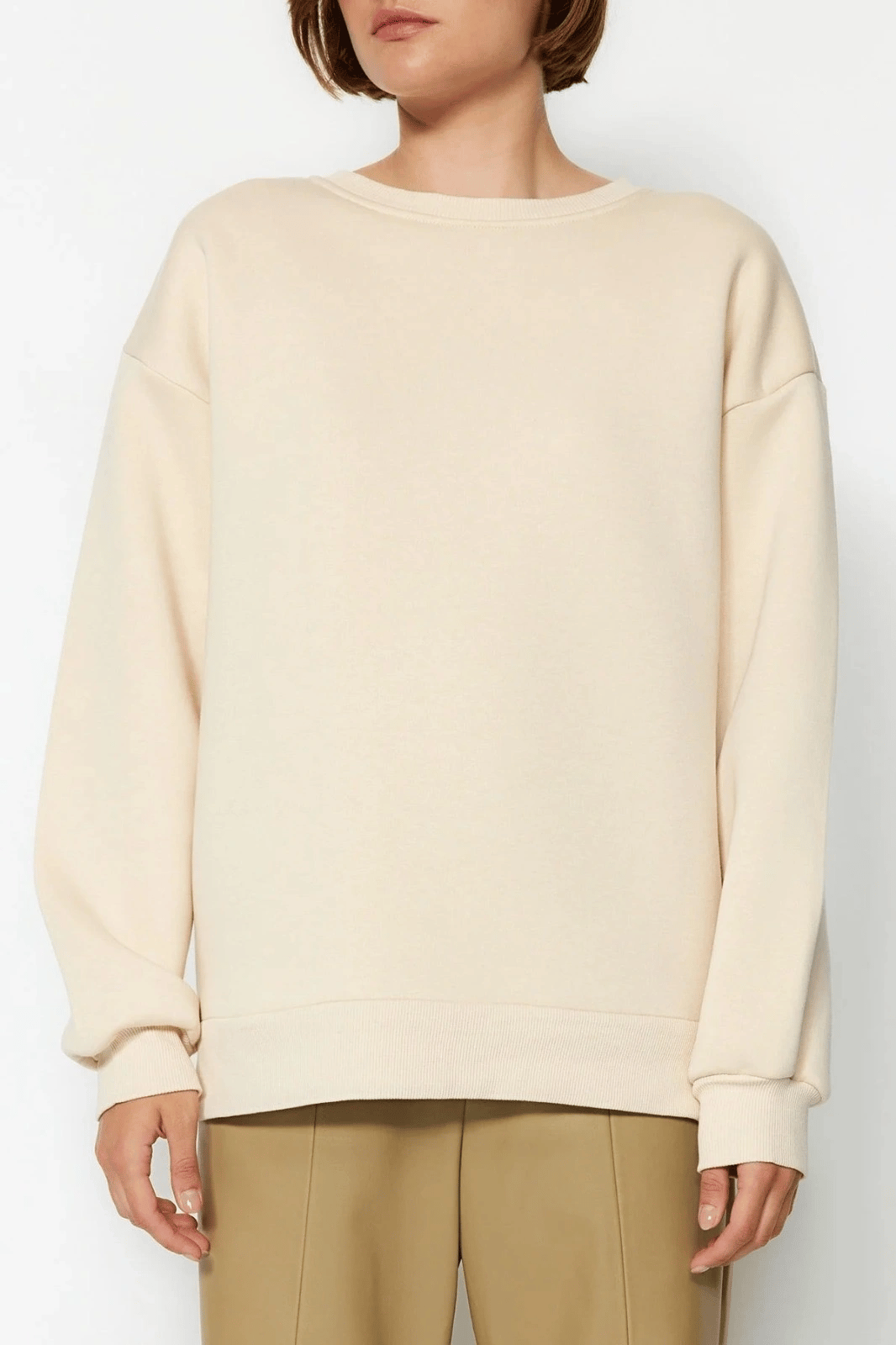 3 iplik şardonlu bisiklet yaka sweatshirt bej