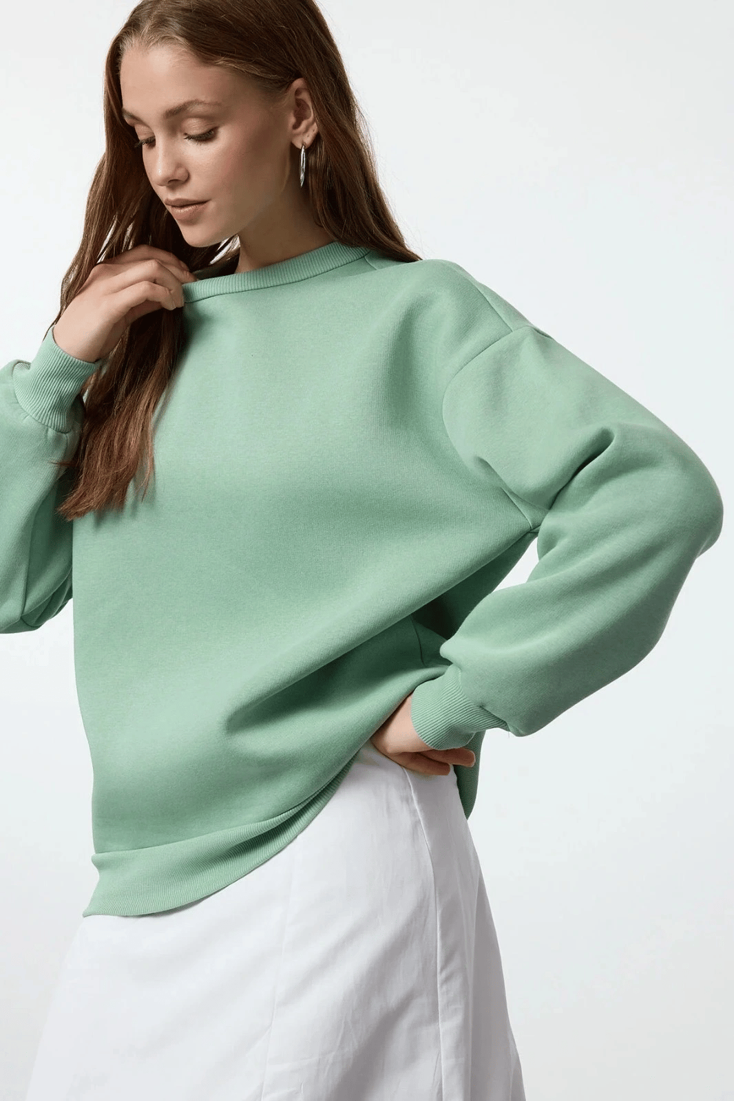 3 iplik şardonlu bisiklet yaka sweatshirt mint