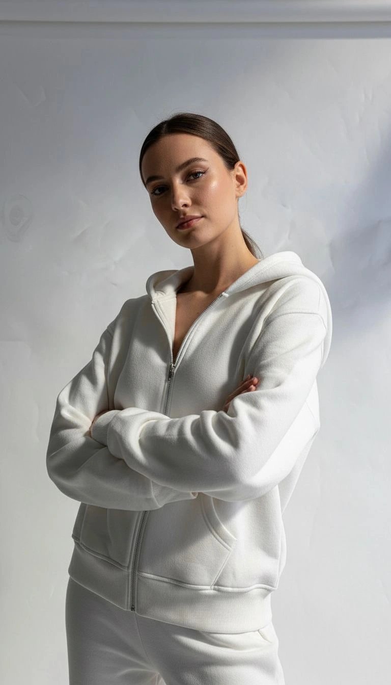 3 iplik şardonlu kapşonlu hoodie frm beyaz p510437