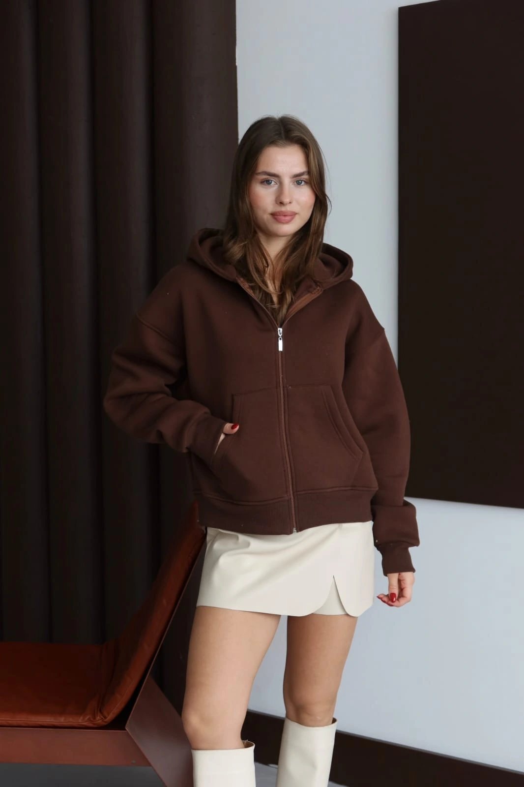 3 iplik şardonlu kapşonlu hoodie frm kahve p510437