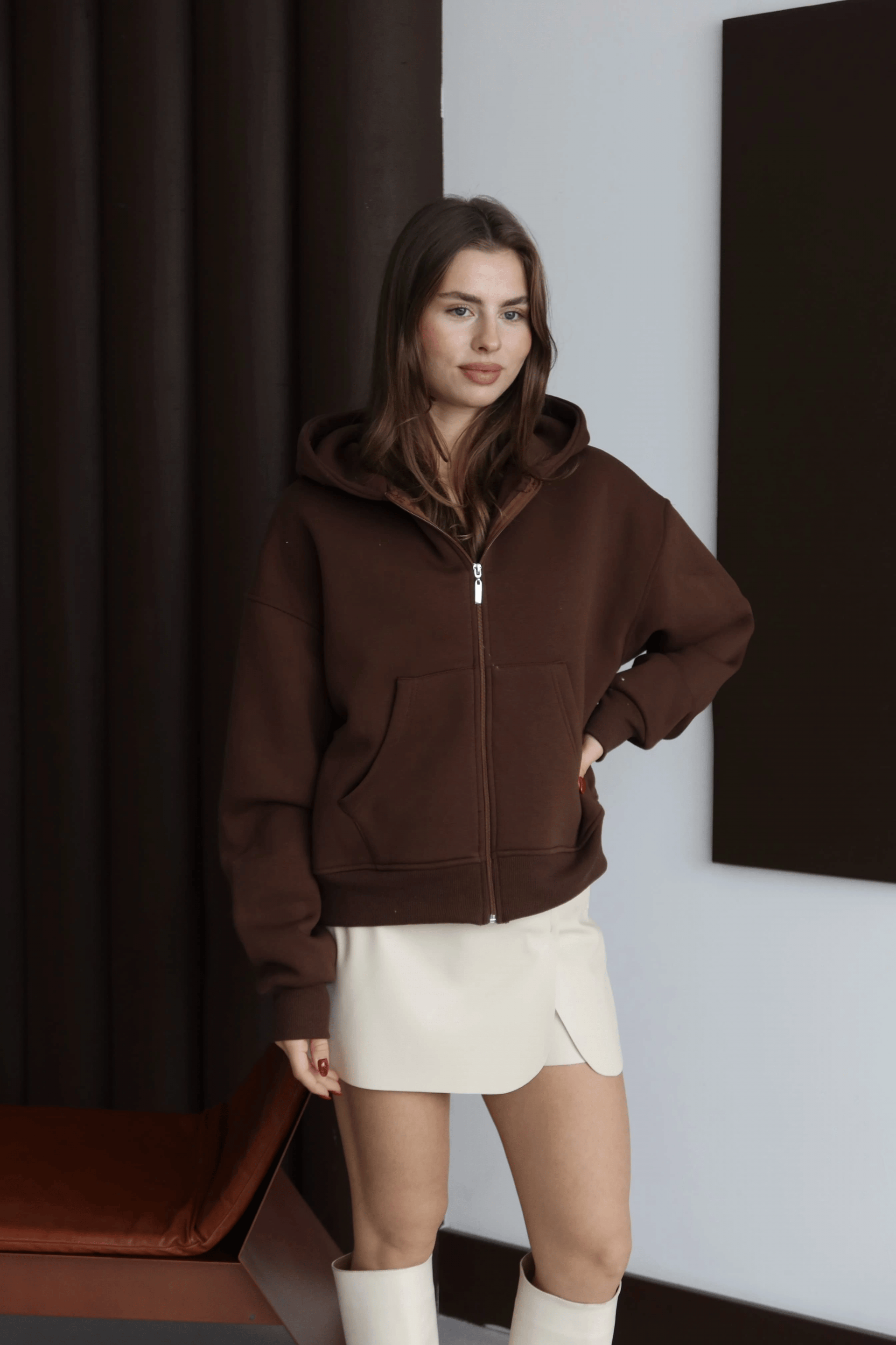 3 iplik şardonlu kapşonlu hoodie frm kahve p510437