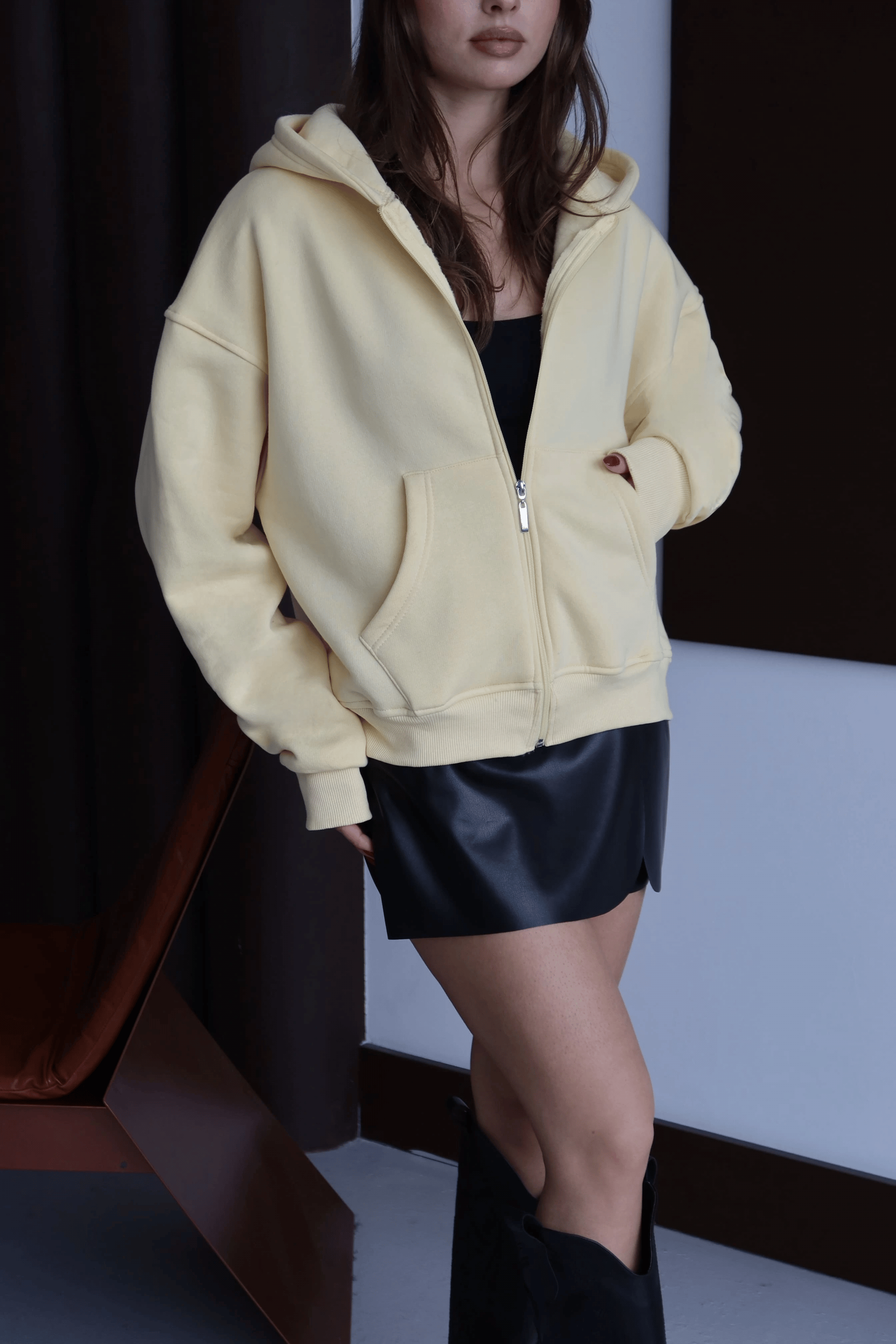 3 iplik şardonlu kapşonlu hoodie frm sarı p510437