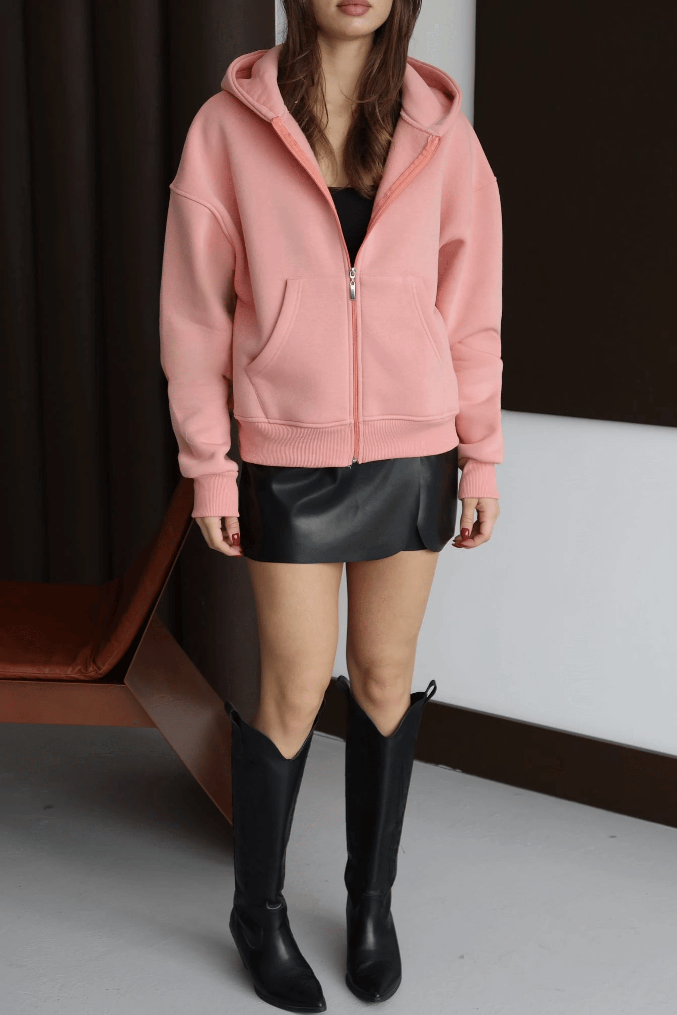 3 iplik şardonlu kapşonlu hoodie frm somon p510437
