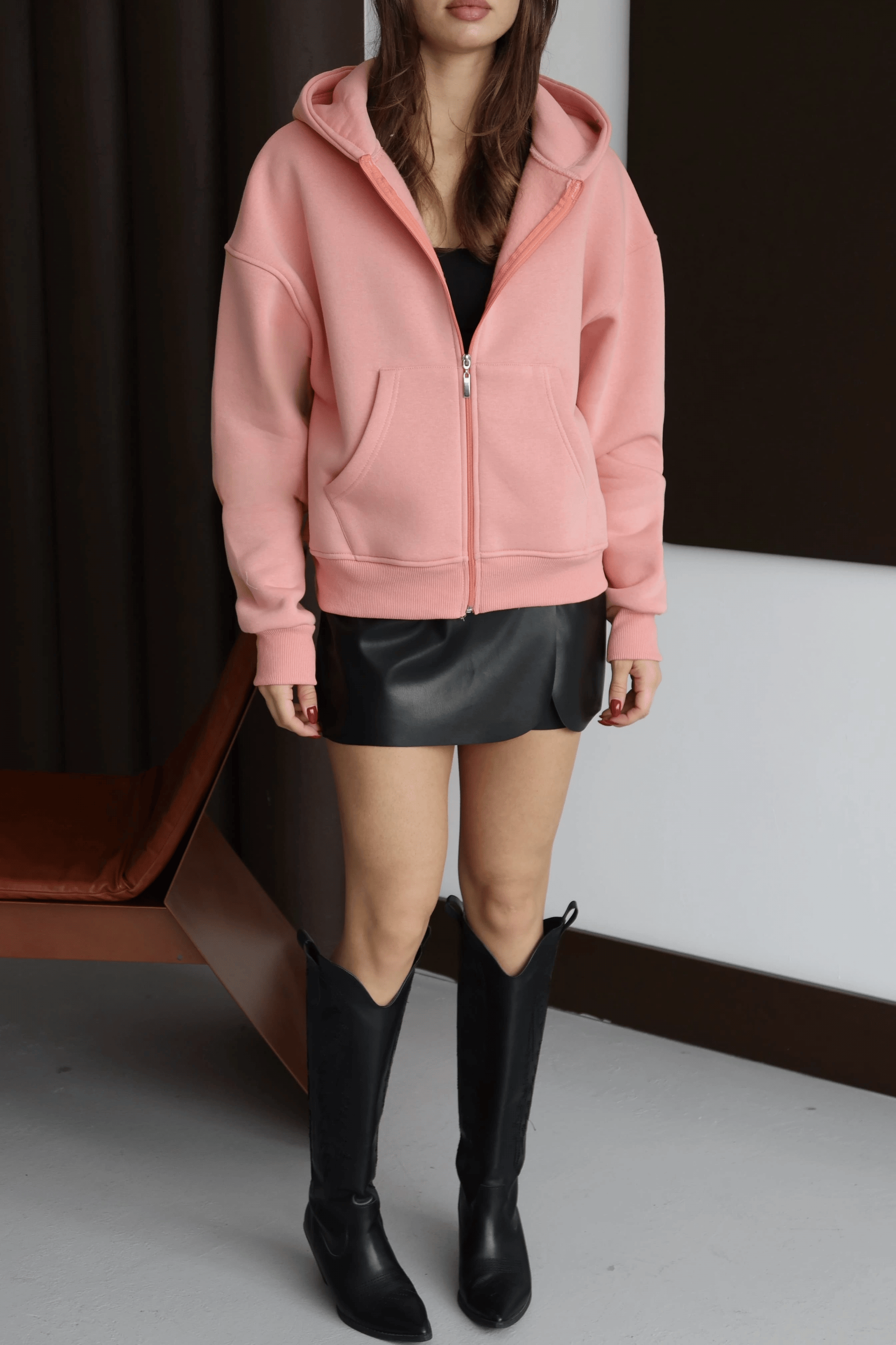 3 iplik şardonlu kapşonlu hoodie frm somon p510437