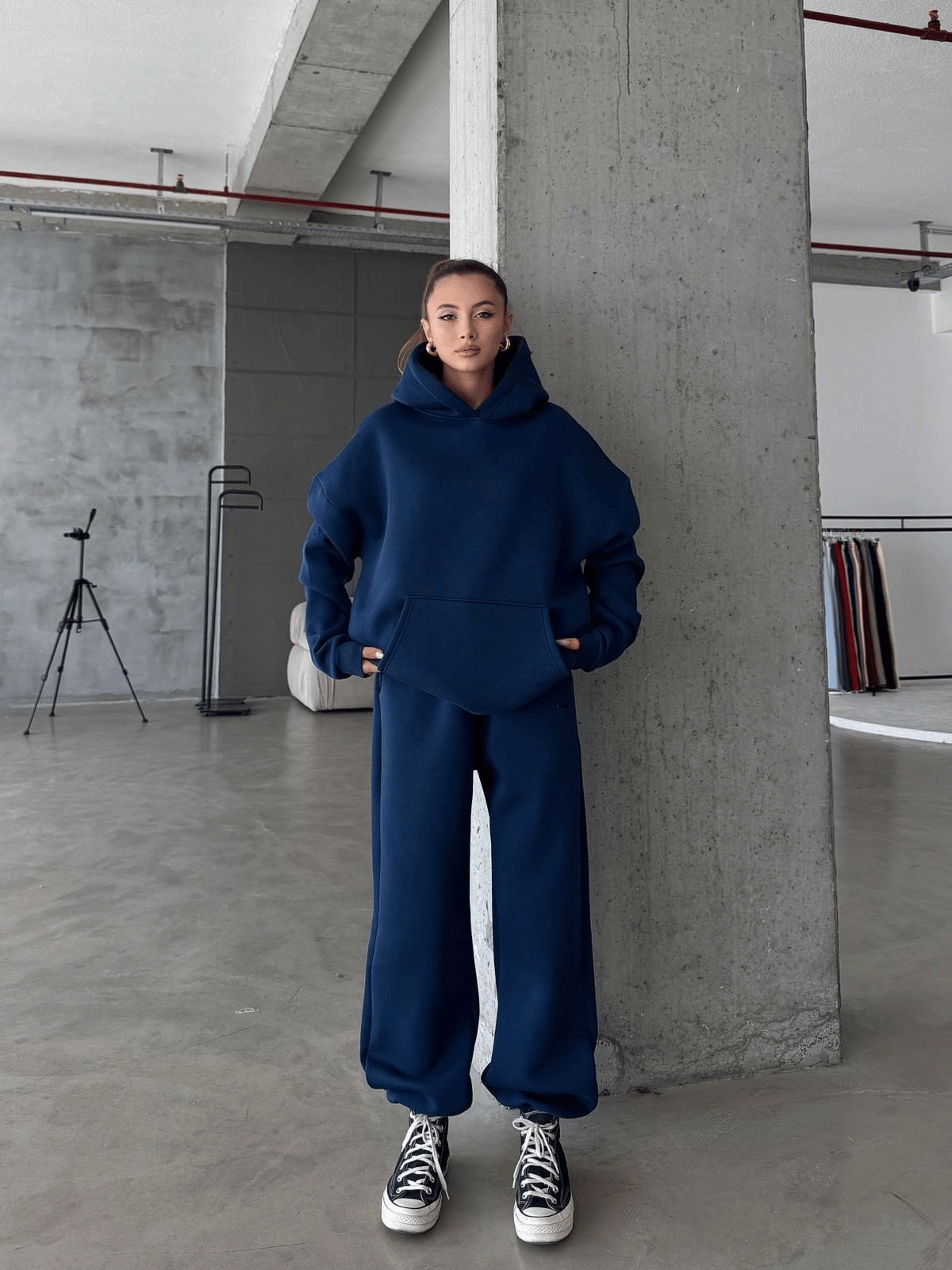 3 iplik şardonlu kapşonlu sweatshirt lacivert p510436