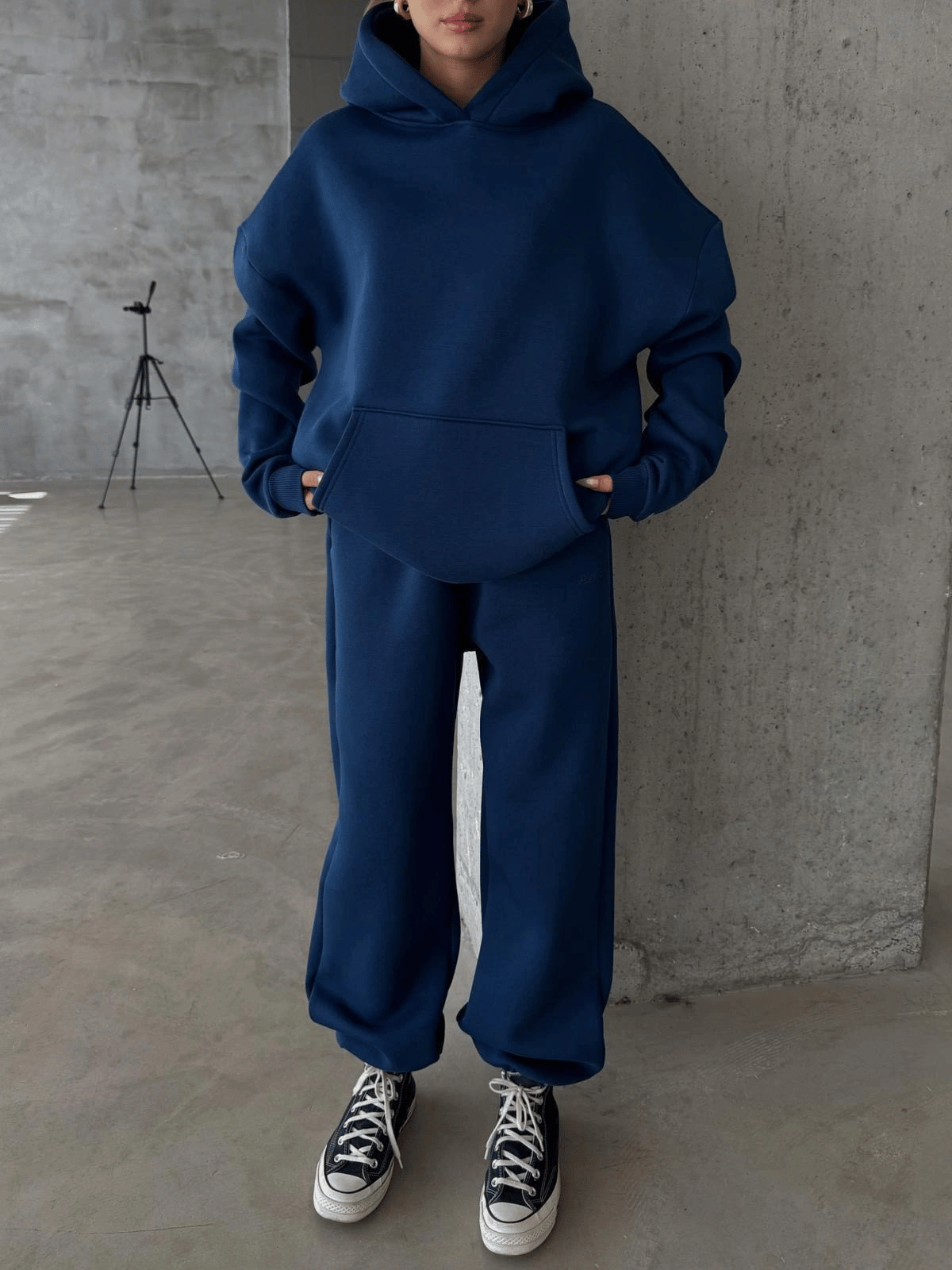 3 iplik şardonlu kapşonlu sweatshirt lacivert p510436