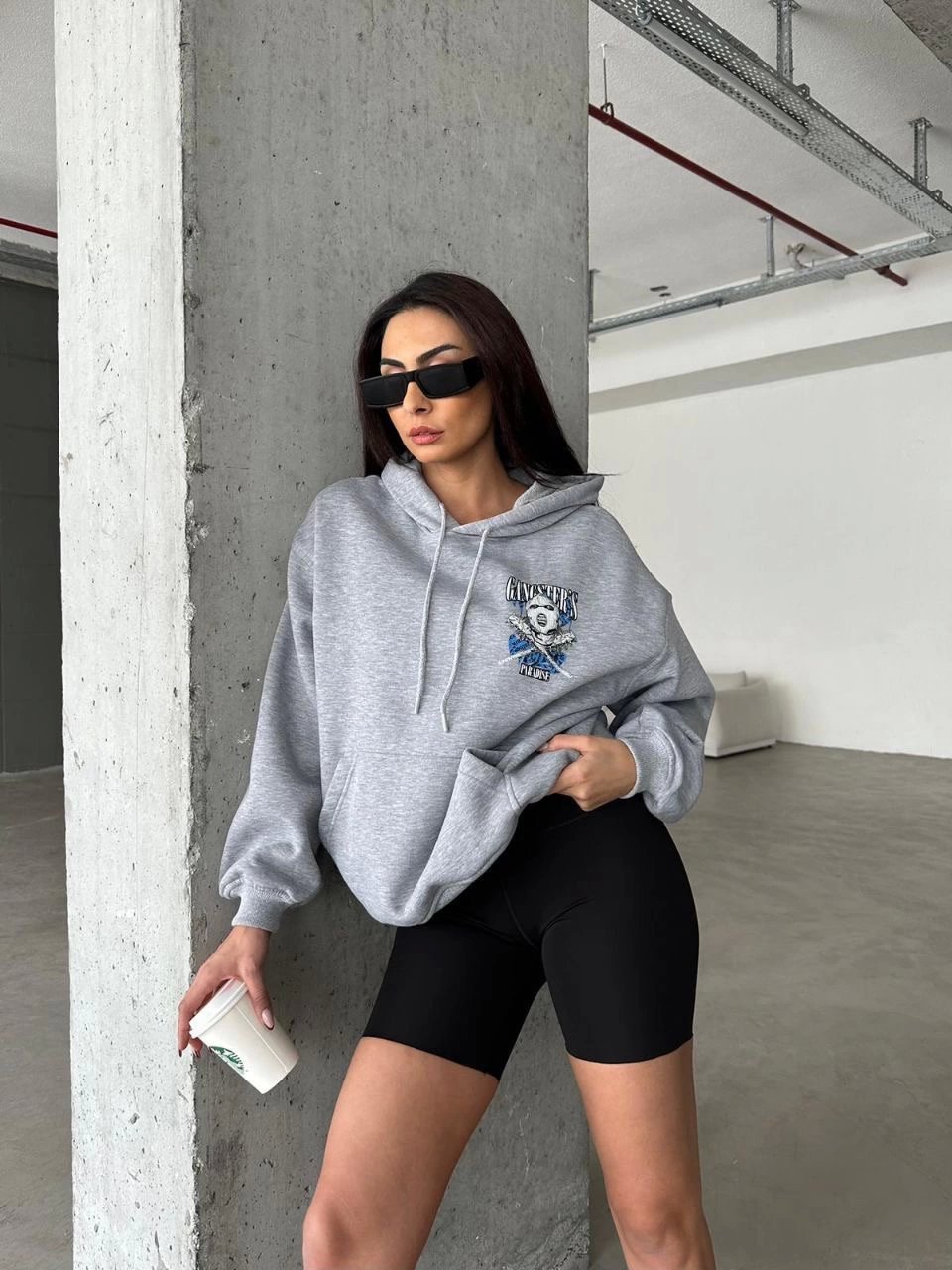 3 iplik şardonlu oversize compact kafa baskılı sweat gri