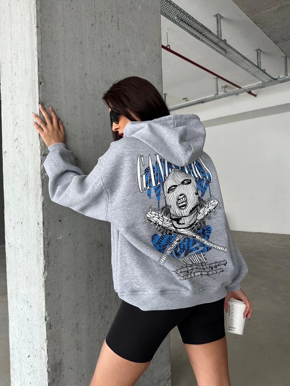 3 iplik şardonlu oversize compact kafa baskılı sweat gri