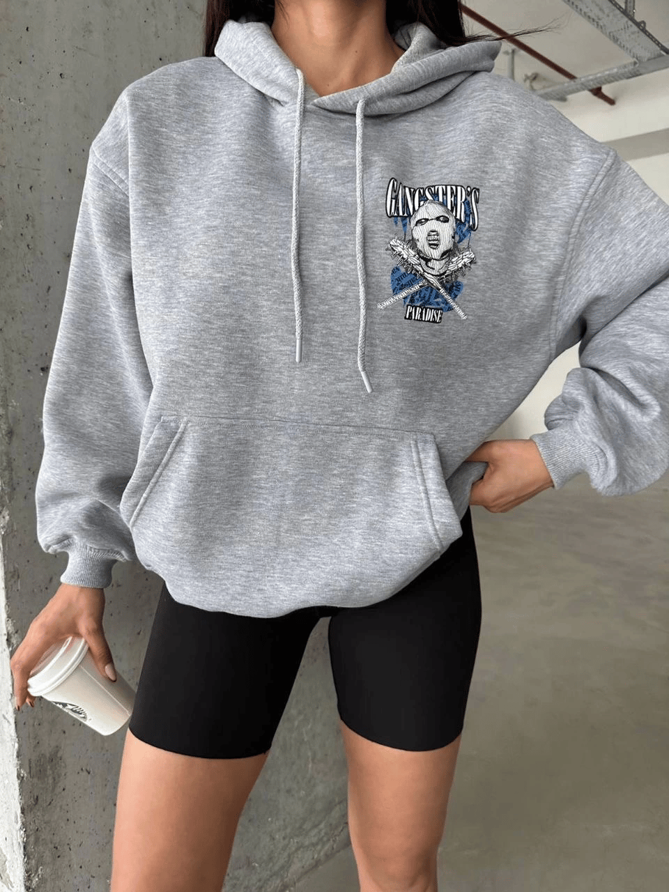 3 iplik şardonlu oversize compact kafa baskılı sweat gri