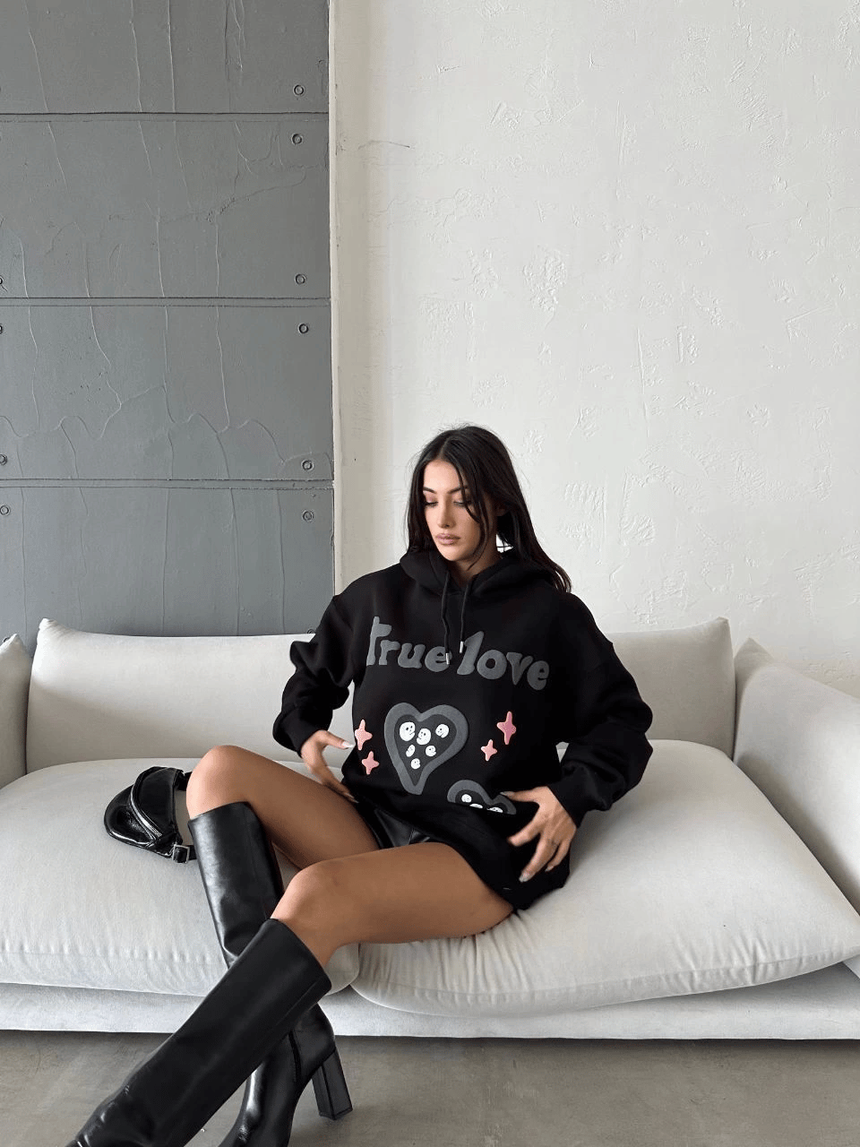 3 iplik şardonlu oversize compact true baskılı sweat siyah