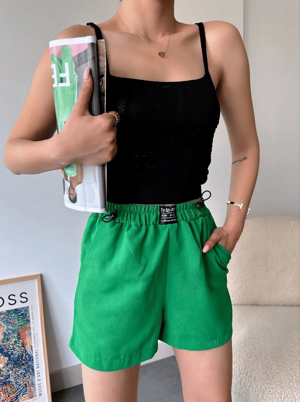 Armalı keten şort yeşil s251003