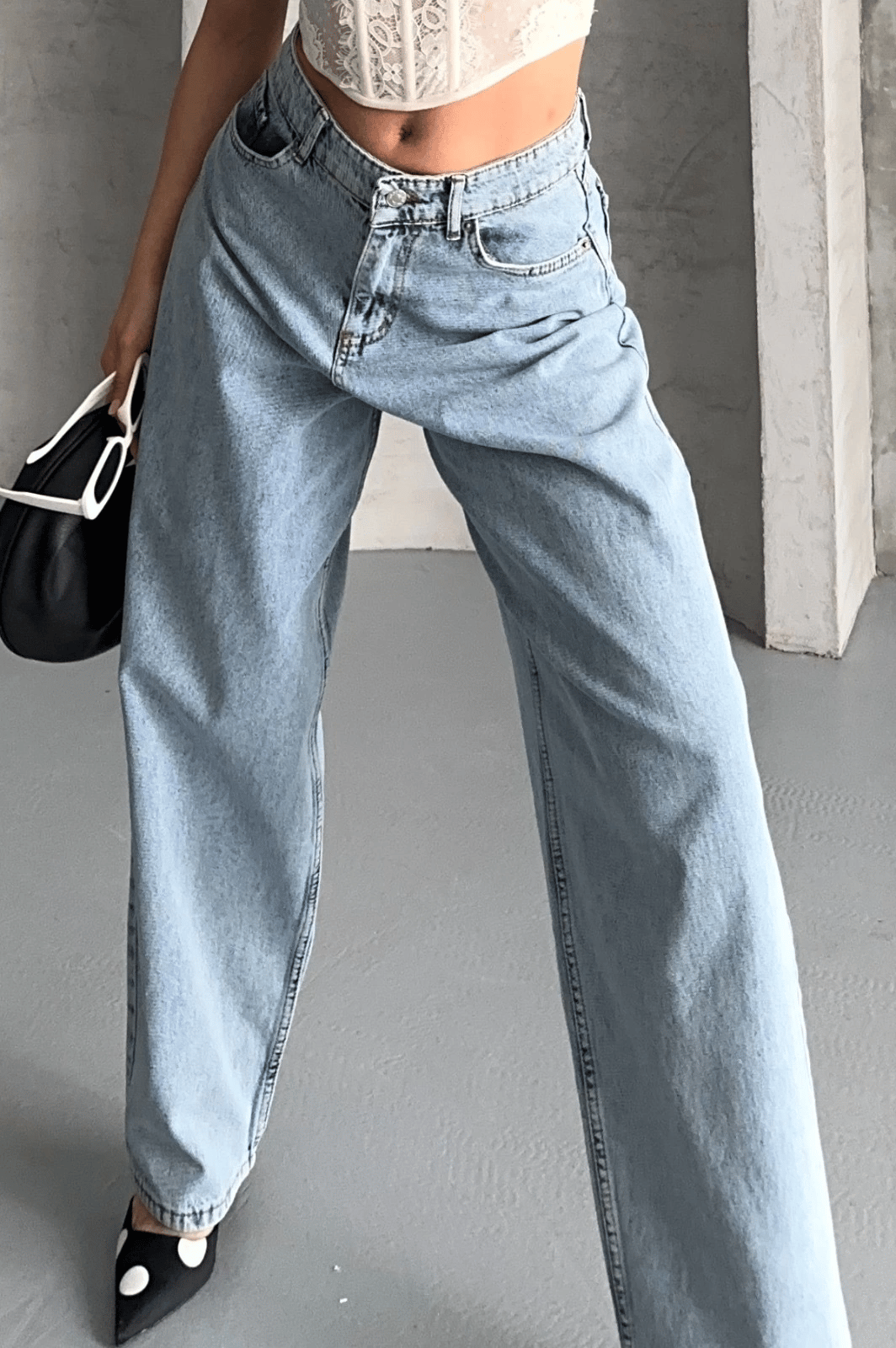 Baggy kar yıkama buz mavi jeans pantolon d2007