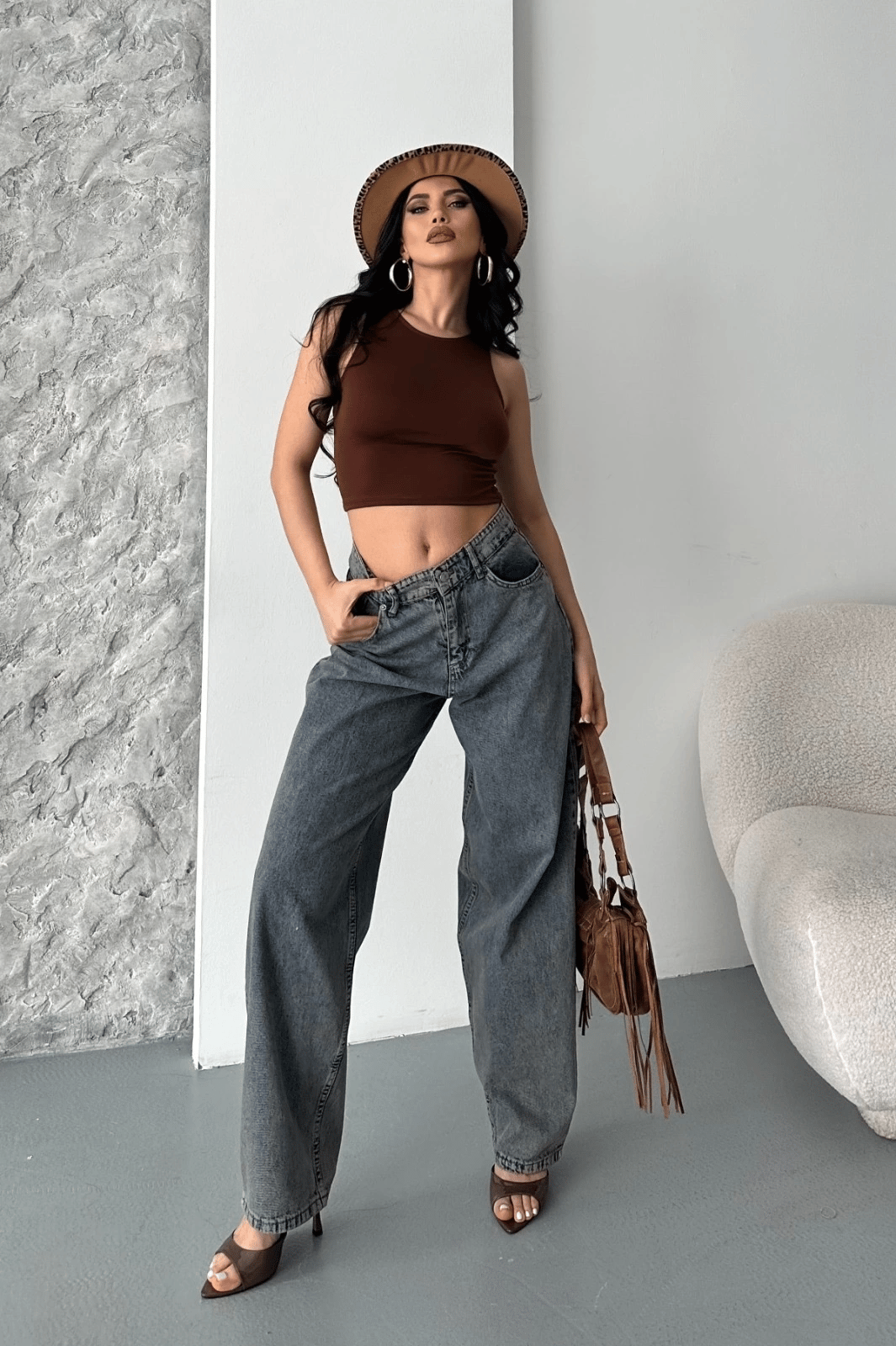 Baggy kar yıkama eskitme kahve jeans pantolon d2007