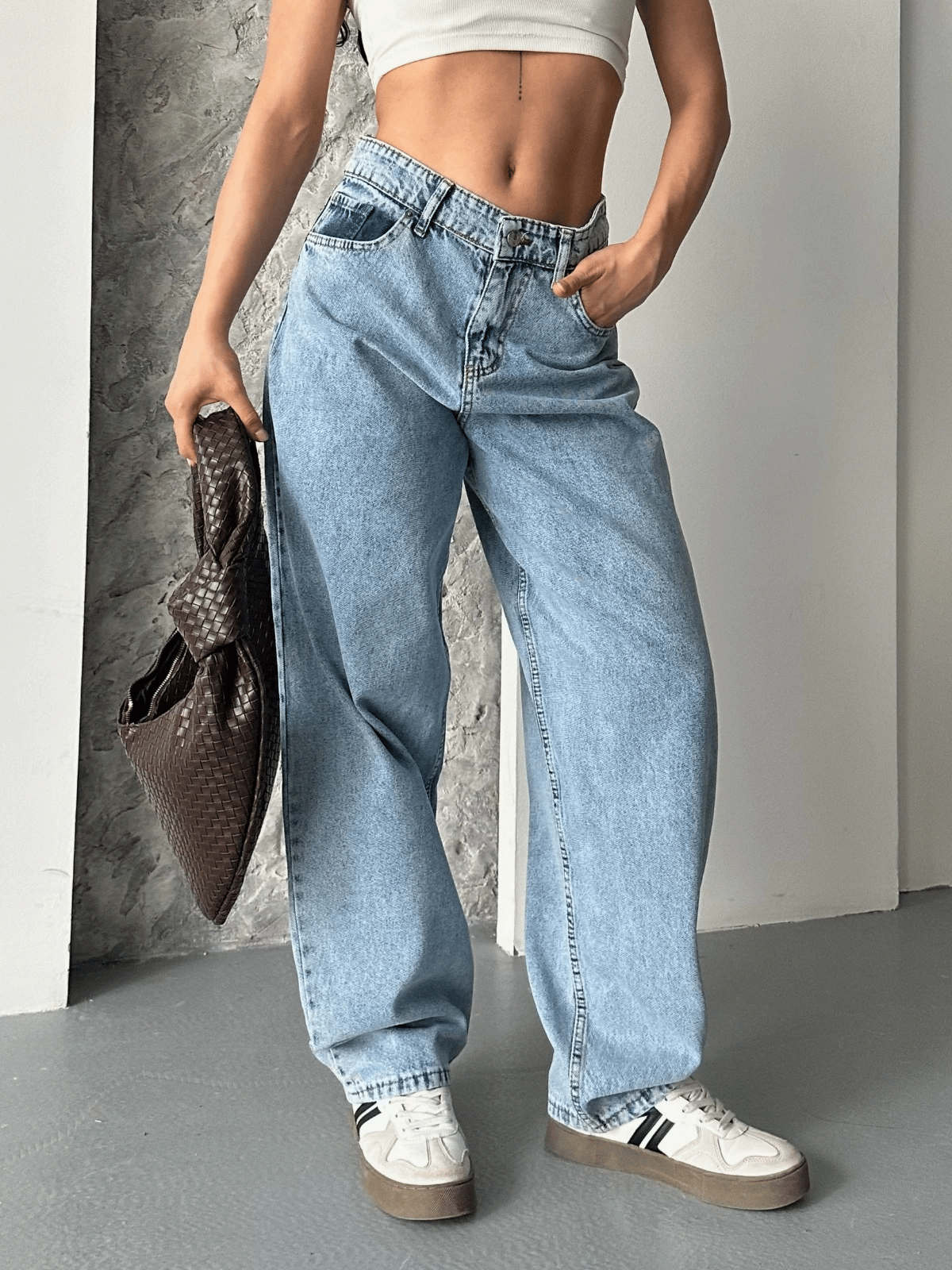 Baggy kar yıkama orta mavi jeans pantolon d2007