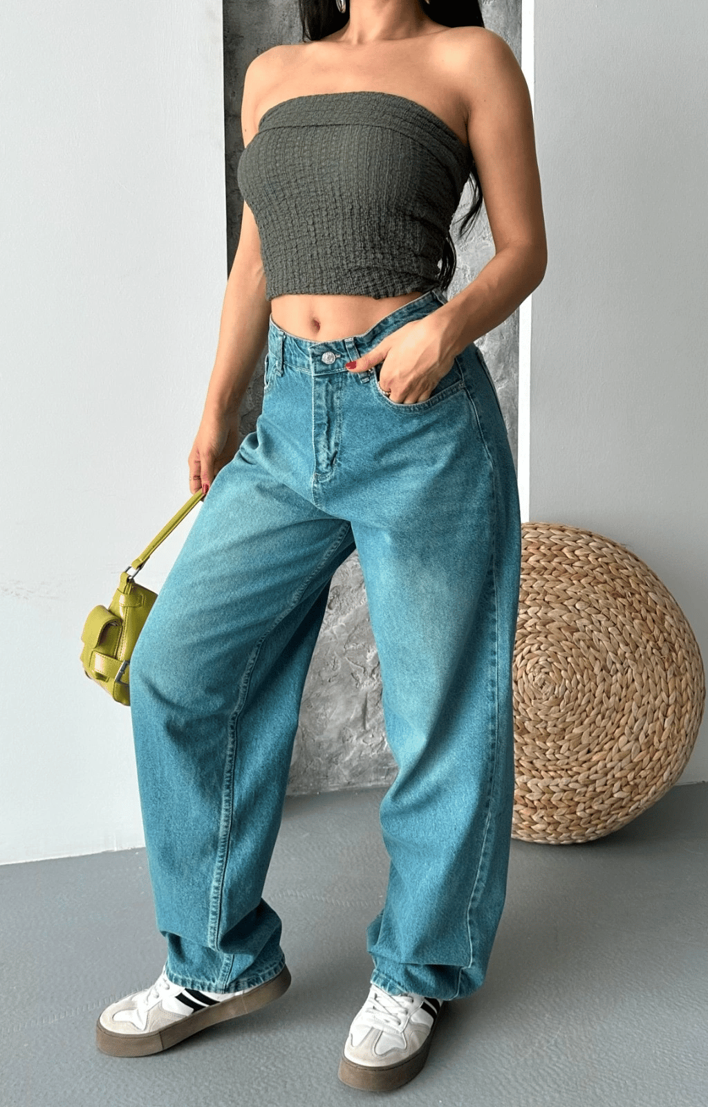Baggy taş enzim bıyık yıkama jeans pantolon yeşil tint d2007