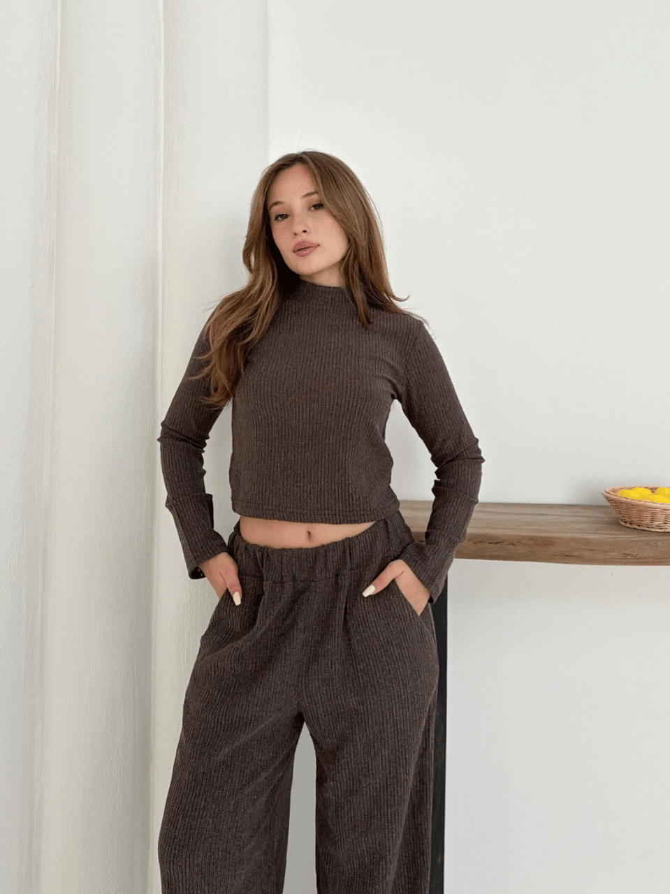 Balıkçı yaka örme takım kahve st265865