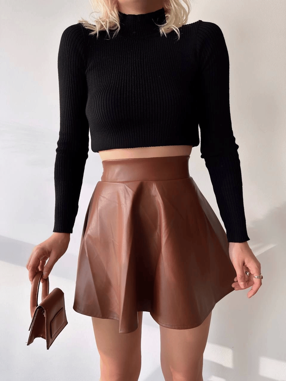 Beli lastikli deri etek kahve s24599