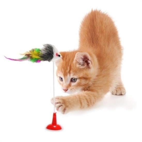 BUFFER® 2li Vantuzlu Fareli Tüylü Hareketli Çanlı ve Esneyen Eğlenceli Peluş Kedi Oyuncağı
