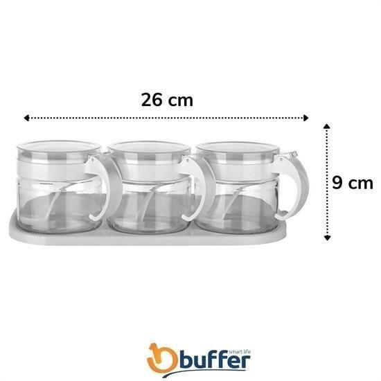 BUFFER® Beyaz 3lü Standlı Kapaklı Kaşıklı Cam Hava Sızdırmaz Baharatlık Takımı KC-386