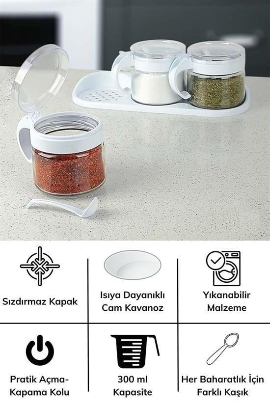 BUFFER® Beyaz 3lü Standlı Kapaklı Kaşıklı Cam Hava Sızdırmaz Baharatlık Takımı KC-386