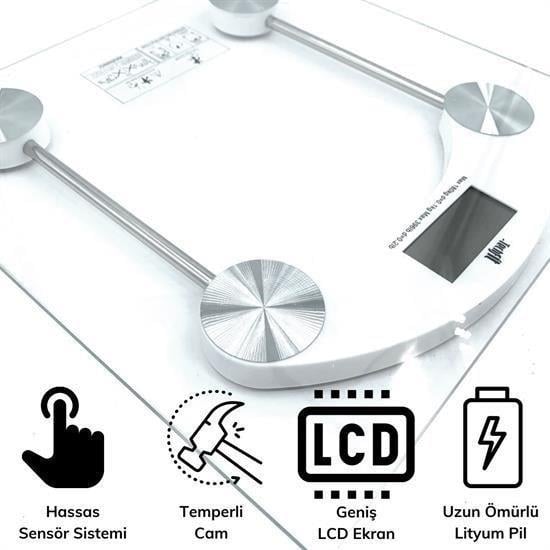 BUFFER® Dijital Kare Cam Baskül Darbelere Karşı Dayanıklı Terazi Yüksek Hassasiyetli Tartı Tf 1052