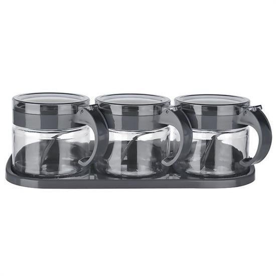 BUFFER® Gri  3lü Standlı Kapaklı Kaşıklı Cam Hava Sızdırmaz Baharatlık Takımı KC-386