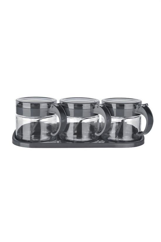 BUFFER® Gri  3lü Standlı Kapaklı Kaşıklı Cam Hava Sızdırmaz Baharatlık Takımı KC-386