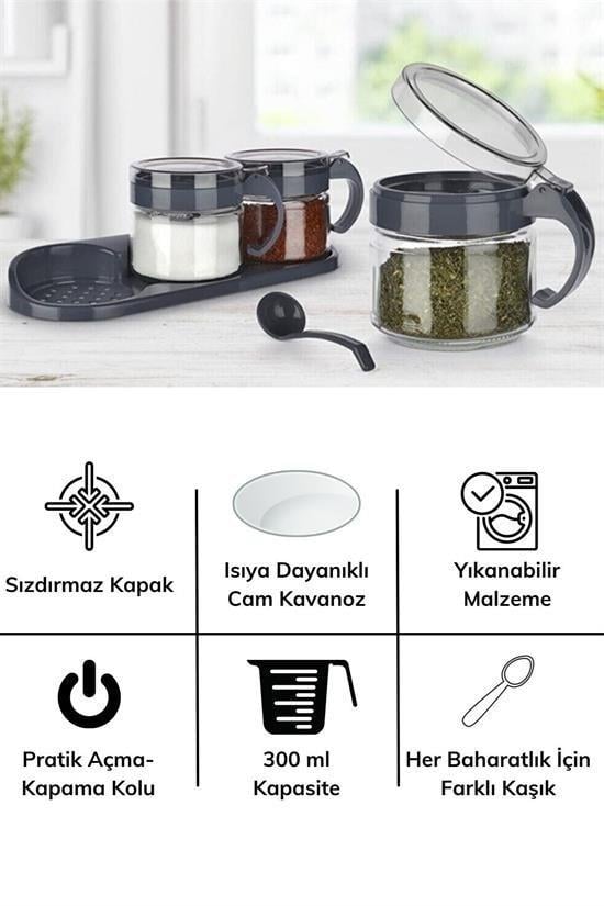 BUFFER® Gri  3lü Standlı Kapaklı Kaşıklı Cam Hava Sızdırmaz Baharatlık Takımı KC-386