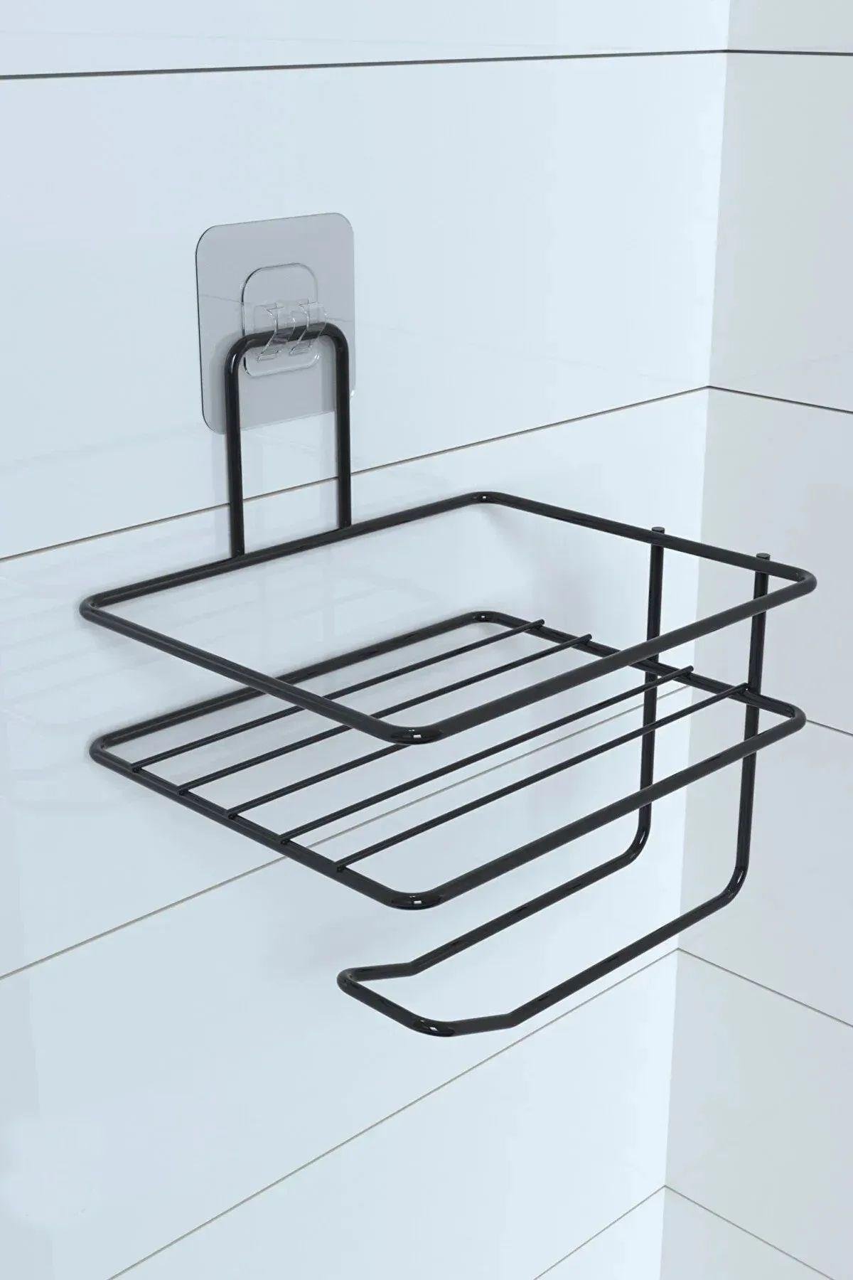 BUFFER® Kendiliğinden Yapışkanlı Tuvalet Kağıdı Tutacağı ve Yedek Raf - Siyah Modern Metal Tasarım