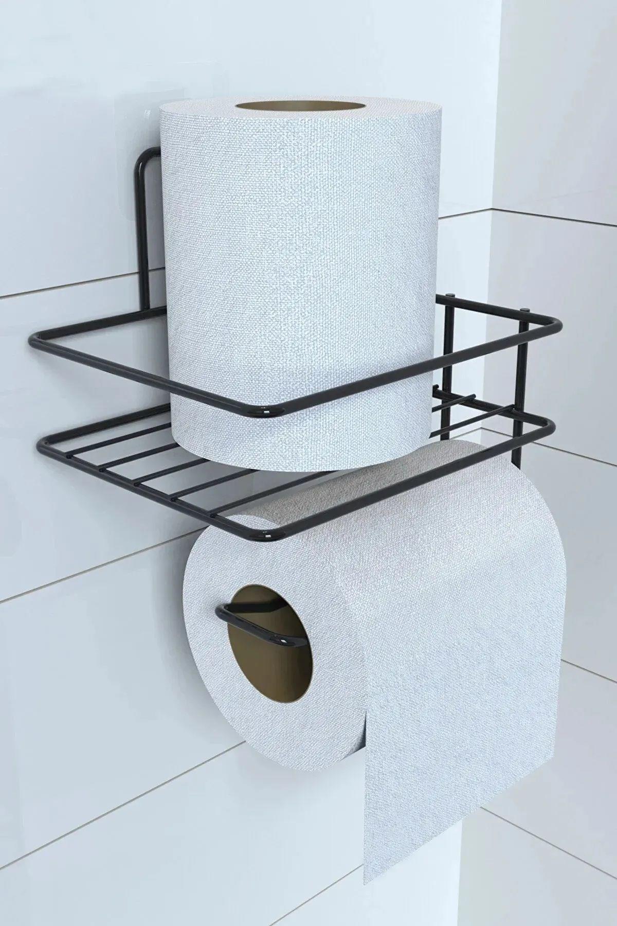 BUFFER® Kendiliğinden Yapışkanlı Tuvalet Kağıdı Tutacağı ve Yedek Raf - Siyah Modern Metal Tasarım