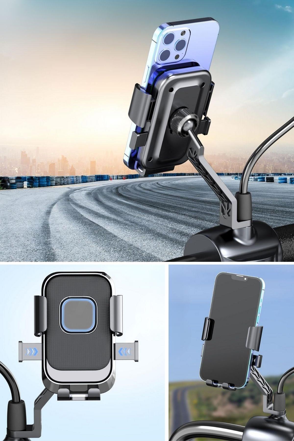 BUFFER® Motor,Motosiklet,Bisiklet ,Scooter İçin 360 Derece Dönebilen Dikiz Aynası Versiyonu Telefon Tutucu Aparat
