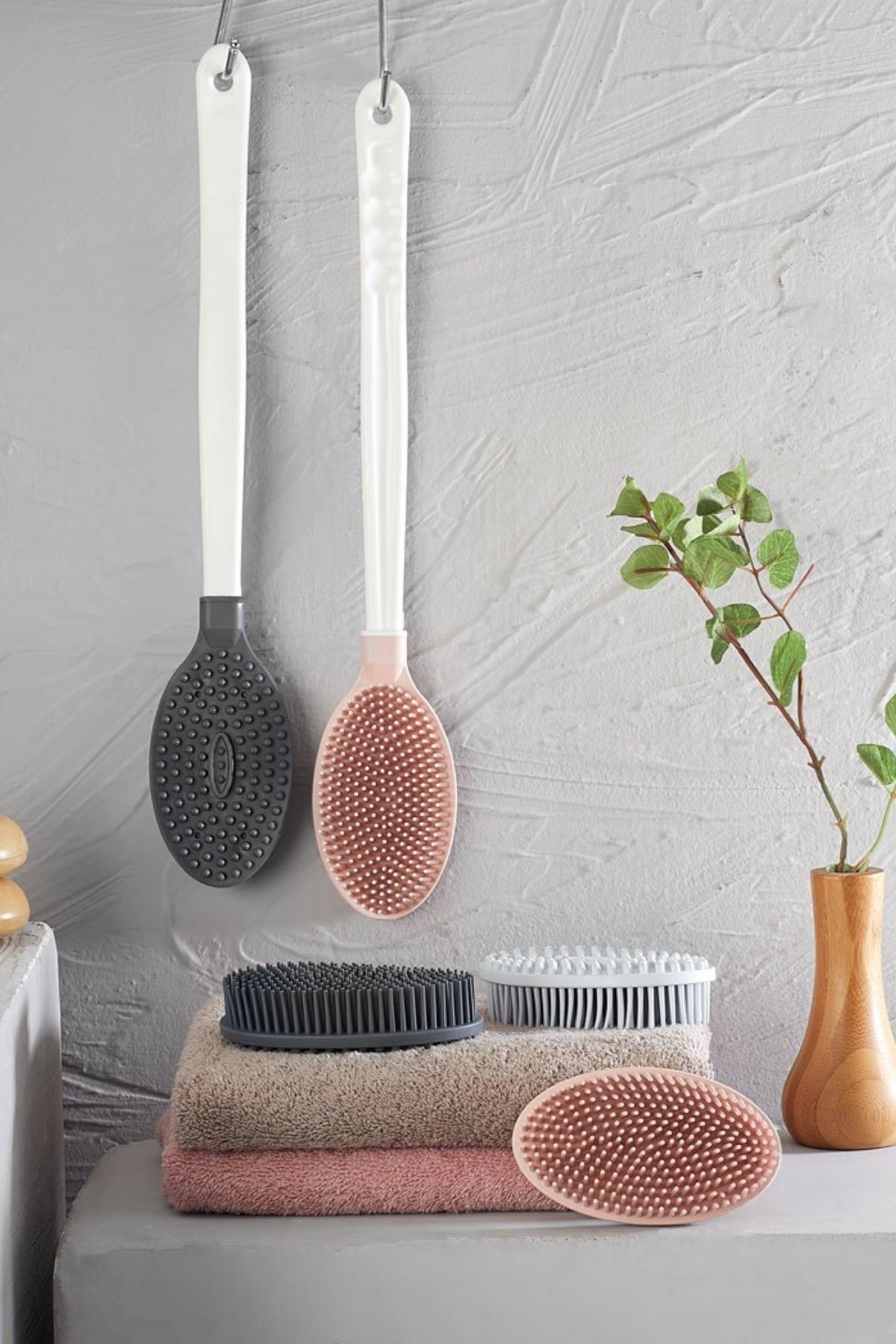 BUFFER® Silikon Masajlı Uzun Saplı Vücut Masaj Fırçası Banyo Sırt Kesesi Saplı Yumuşak Fırça
