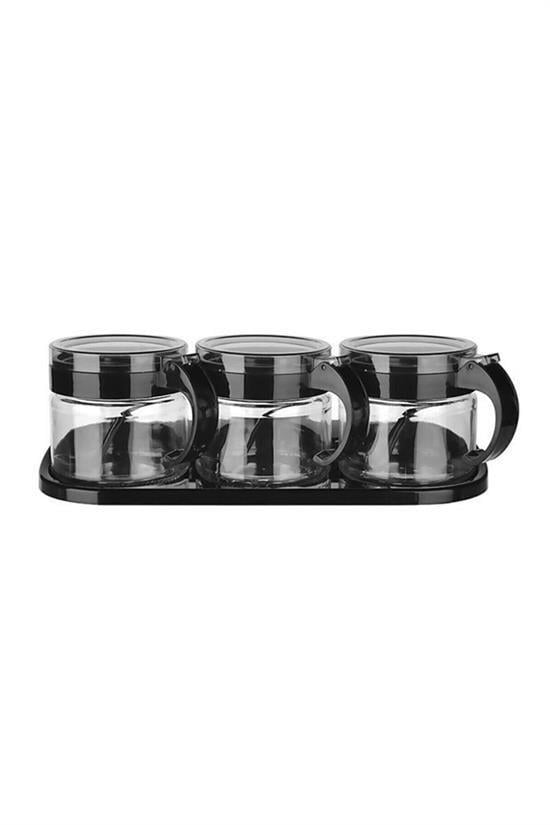 BUFFER® Siyah 3lü Standlı Kapaklı Kaşıklı Cam Hava Sızdırmaz Baharatlık Takımı KC-386