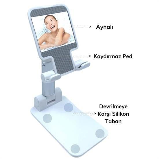 BUFFER® Siyah Aynalı Cep Telefonu Sabitleyici Stand Katlanabilir Ayarlanabilir Telefon Standı