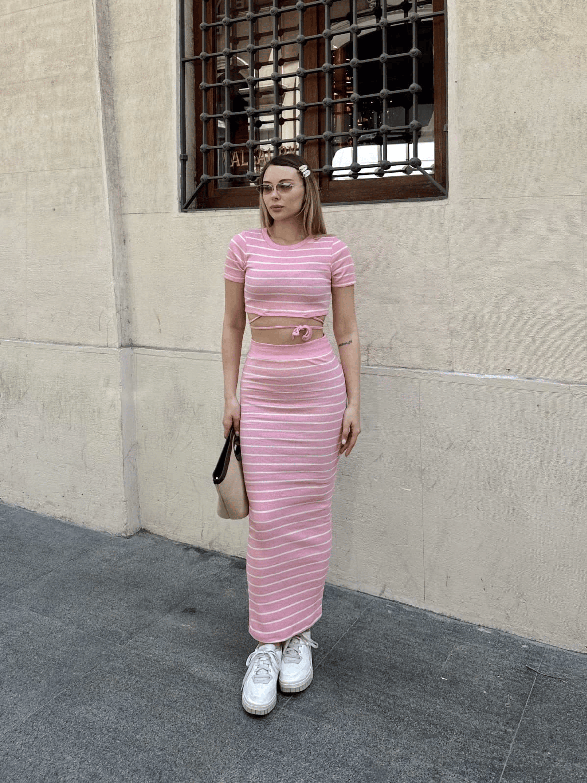 Çizgili etekli takım pembe s3609