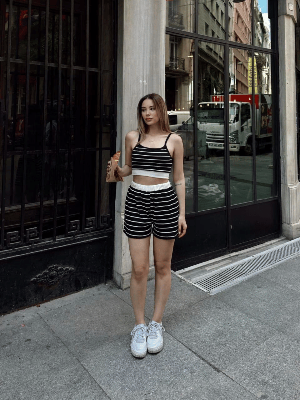 Çizgili şortlu takım siyah s3978