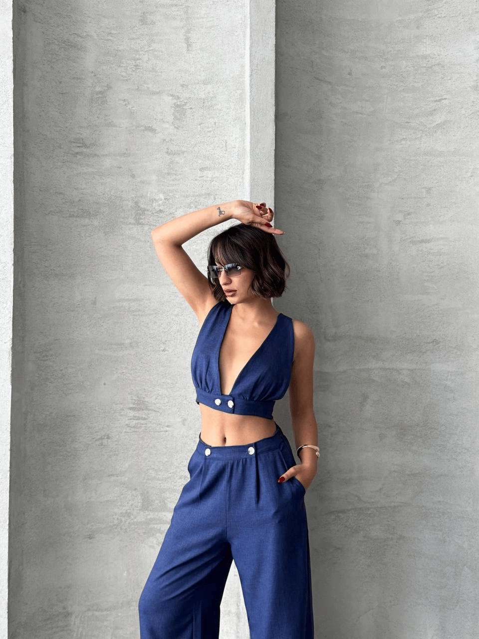 Crop pantolon keten takım s255012