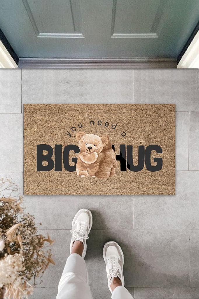 Dekoratif Dijital Big Hug Ayıcık Bej Kapı Paspası Dış Mekan Paspas K-3190