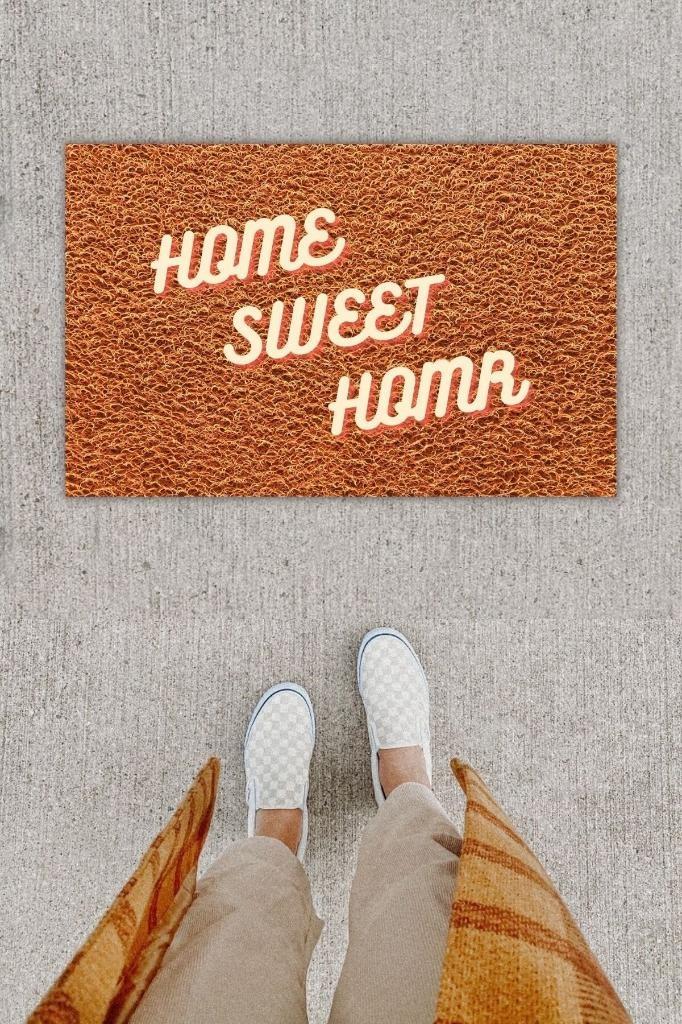 Dijital Baskı Dekoratif Home Sweet Home Kahverengi Kapı Önü Paspası K-1236