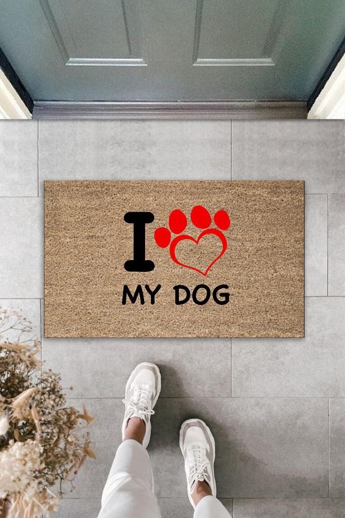 Dijital Baskı Kahverengi Kırmızı Kalpli I Love My Dog Dekoratif Kapı Paspası K-2016