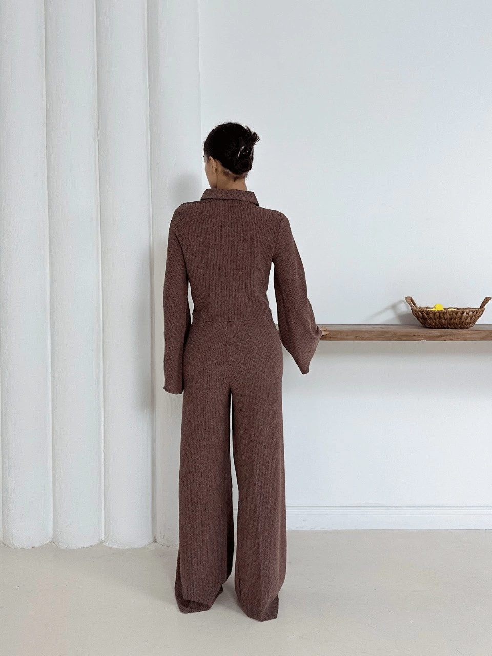 Gömlek yaka kaplama düğmeli takım kahve st265866