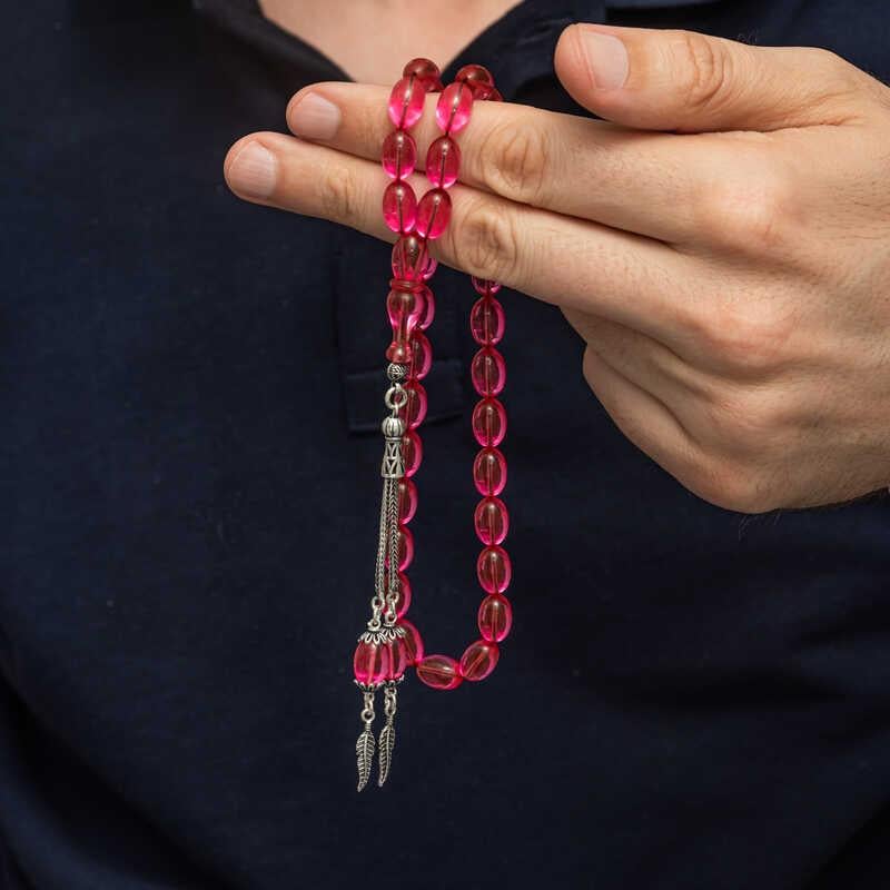 Gümüş Püsküllü Pembe Ateş Kehribar Tesbih