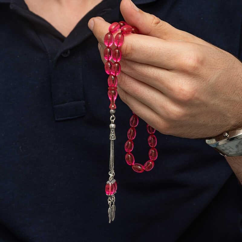 Gümüş Püsküllü Pembe Ateş Kehribar Tesbih
