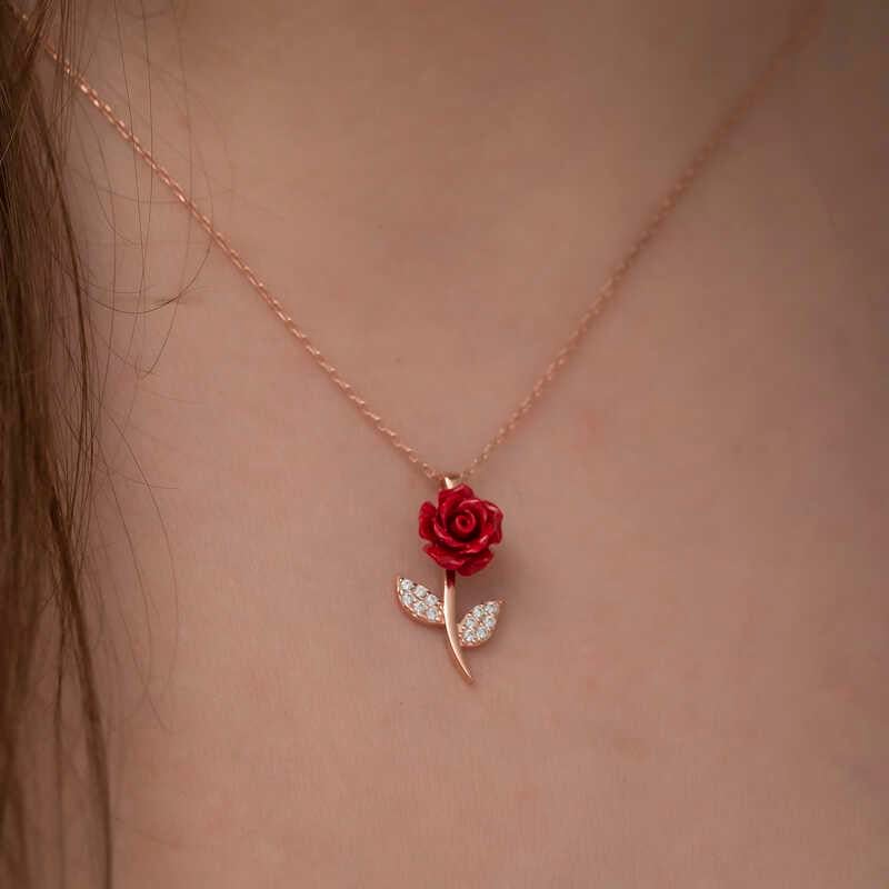​Gümüş Rose Kırmızı Gül Kolye