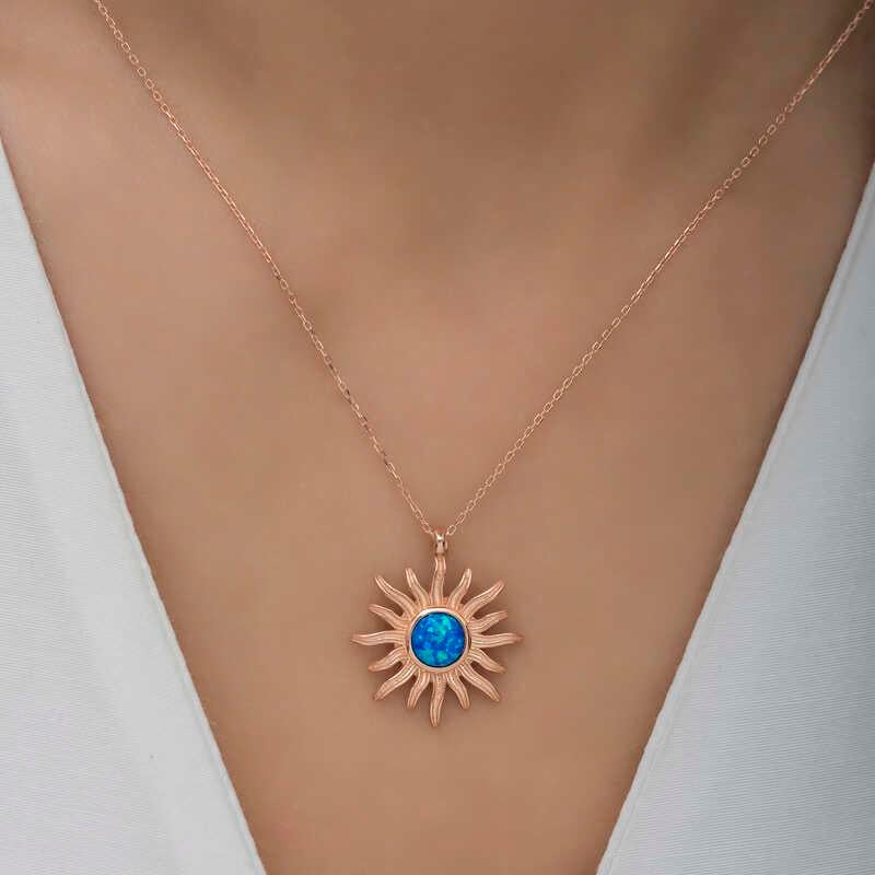 ​Gümüş Rose Mavi Opal Taşlı Güneş Kadın Kolye