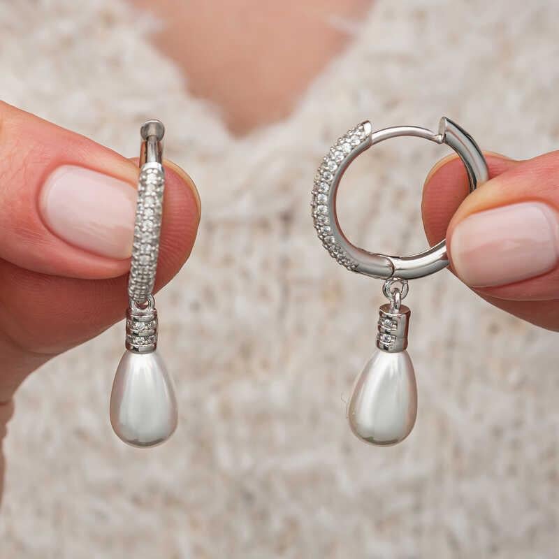 Gümüş Zirkon Taşlı Sallantılı Damla İnci Küpe
