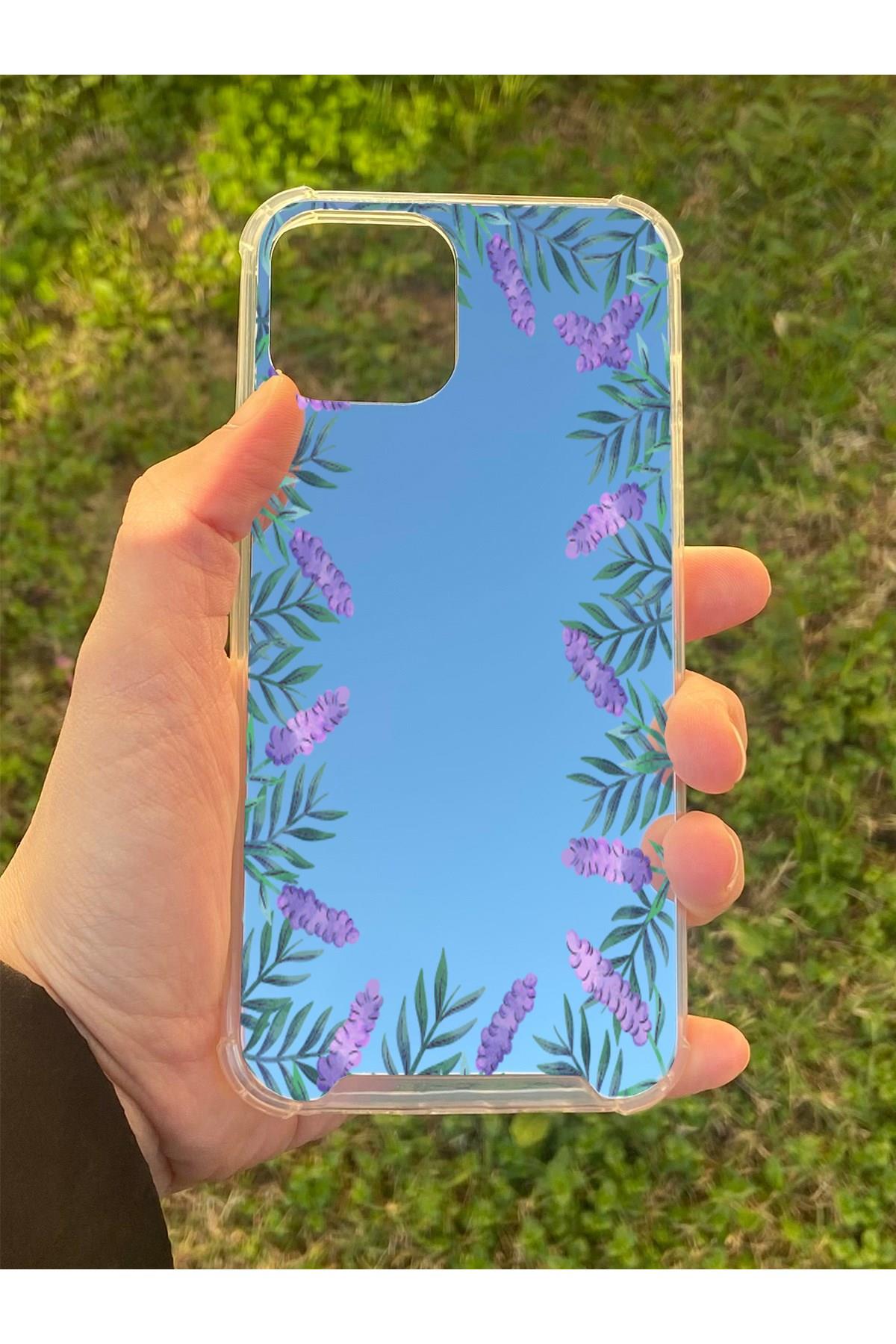 İphone 12 Pro Uyumlu Aynalı Lavanta Desenli Darbe Kamera Korumalı Silikon Telefon Kılıfı