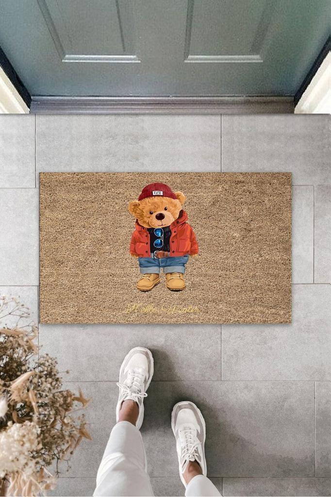 Kahverengi Kapı Önü Paspası Hello Winter Ayıcık Desen  K-3245