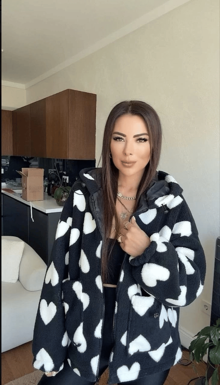 Kalpli peluş ceket içi astarlı siyahbeyaz